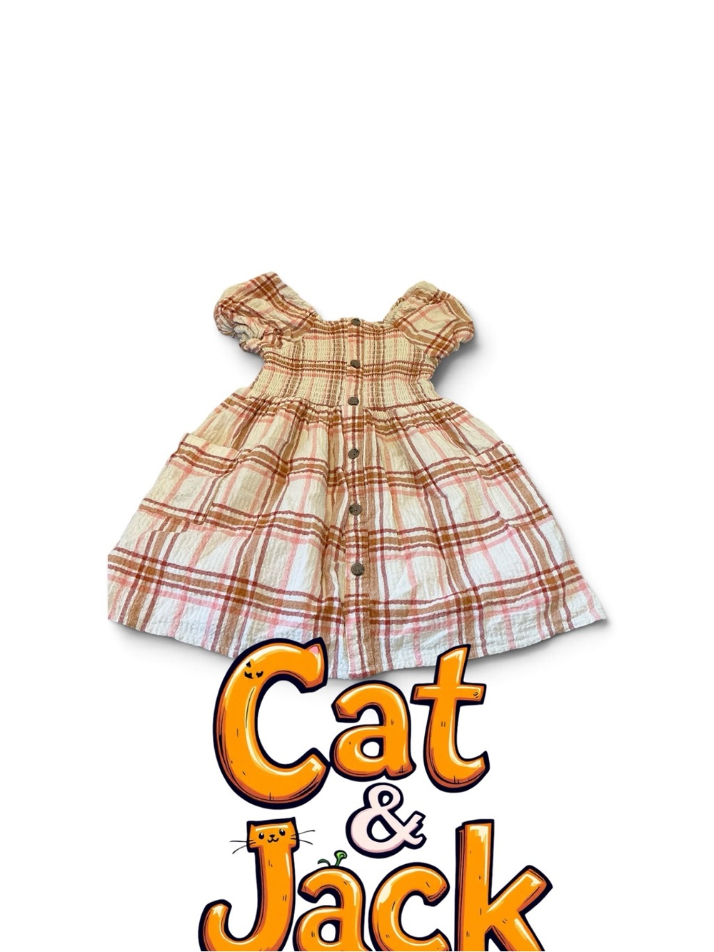 Cat & Jack Cream and Brown Plaid Button-Front Girls Dress